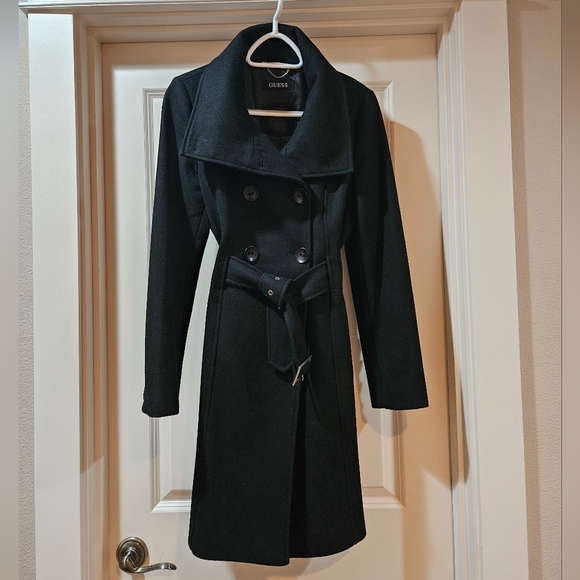 Guess Double Breast Wool Blend Coat Heavyweight Funnel Neck Belt Siz 6 Black EUC - Picture 15 of 15